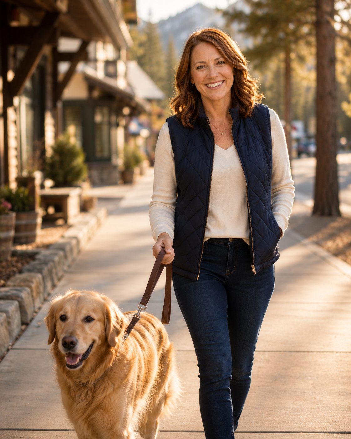 Erin Calloway walking her golden retriever through downtown Truckee