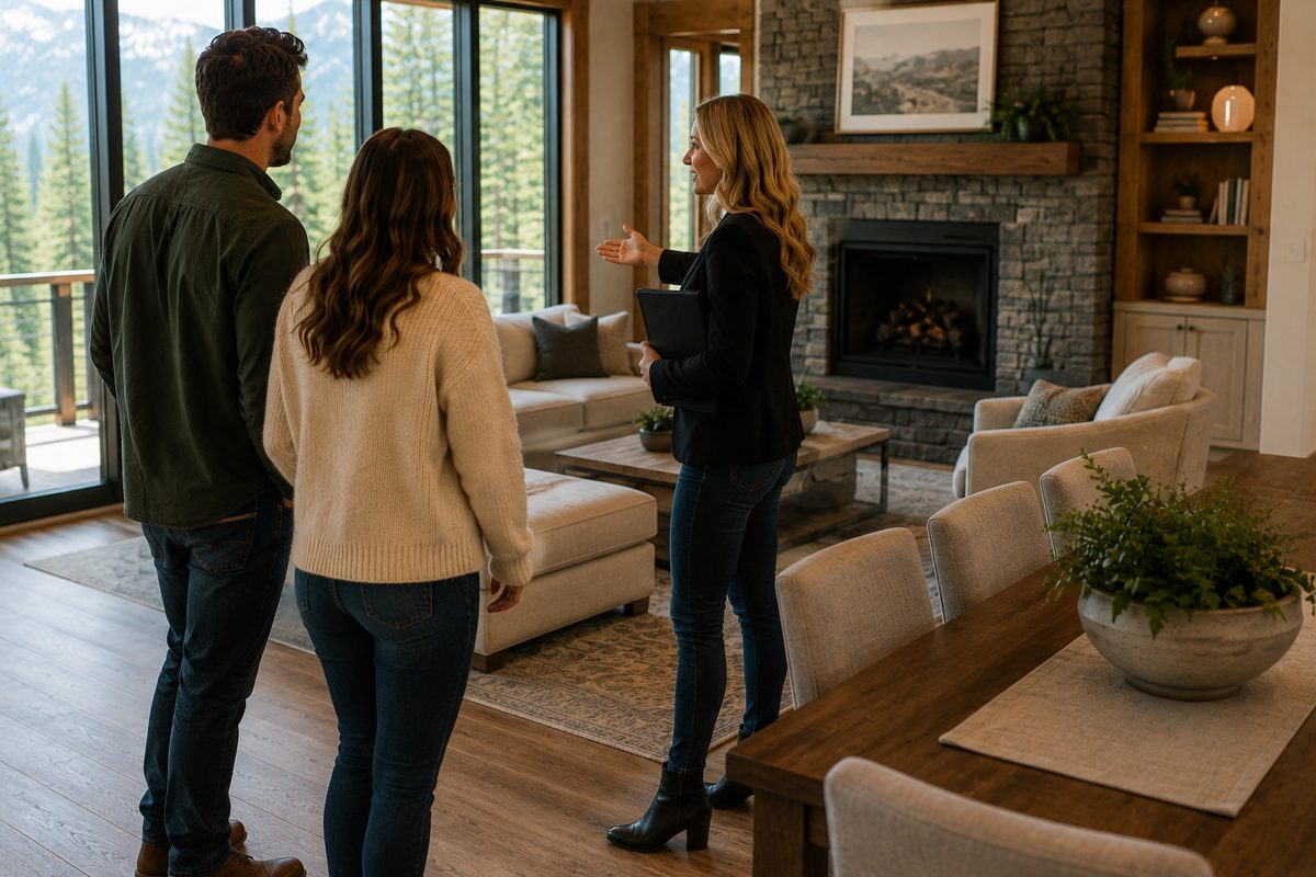 Erin touring a bright mountain home with a couple, gesturing toward the great room
