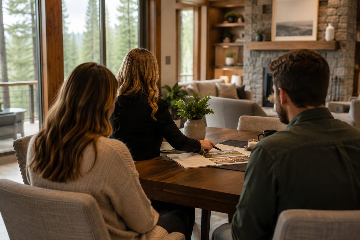 Erin meeting with clients at a wooden dining table, reviewing property materials