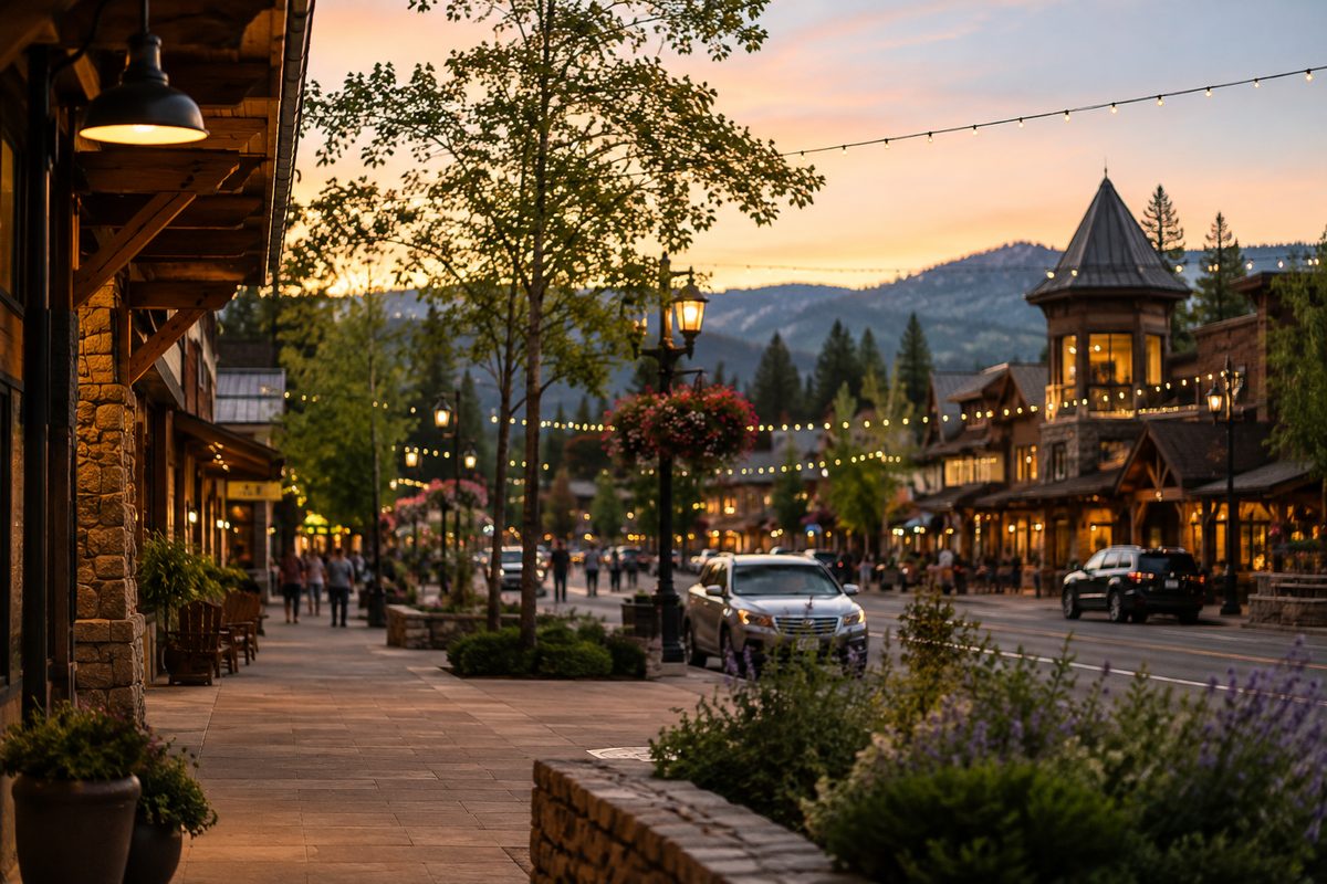 Charming mountain-town main street with string lights at dusk