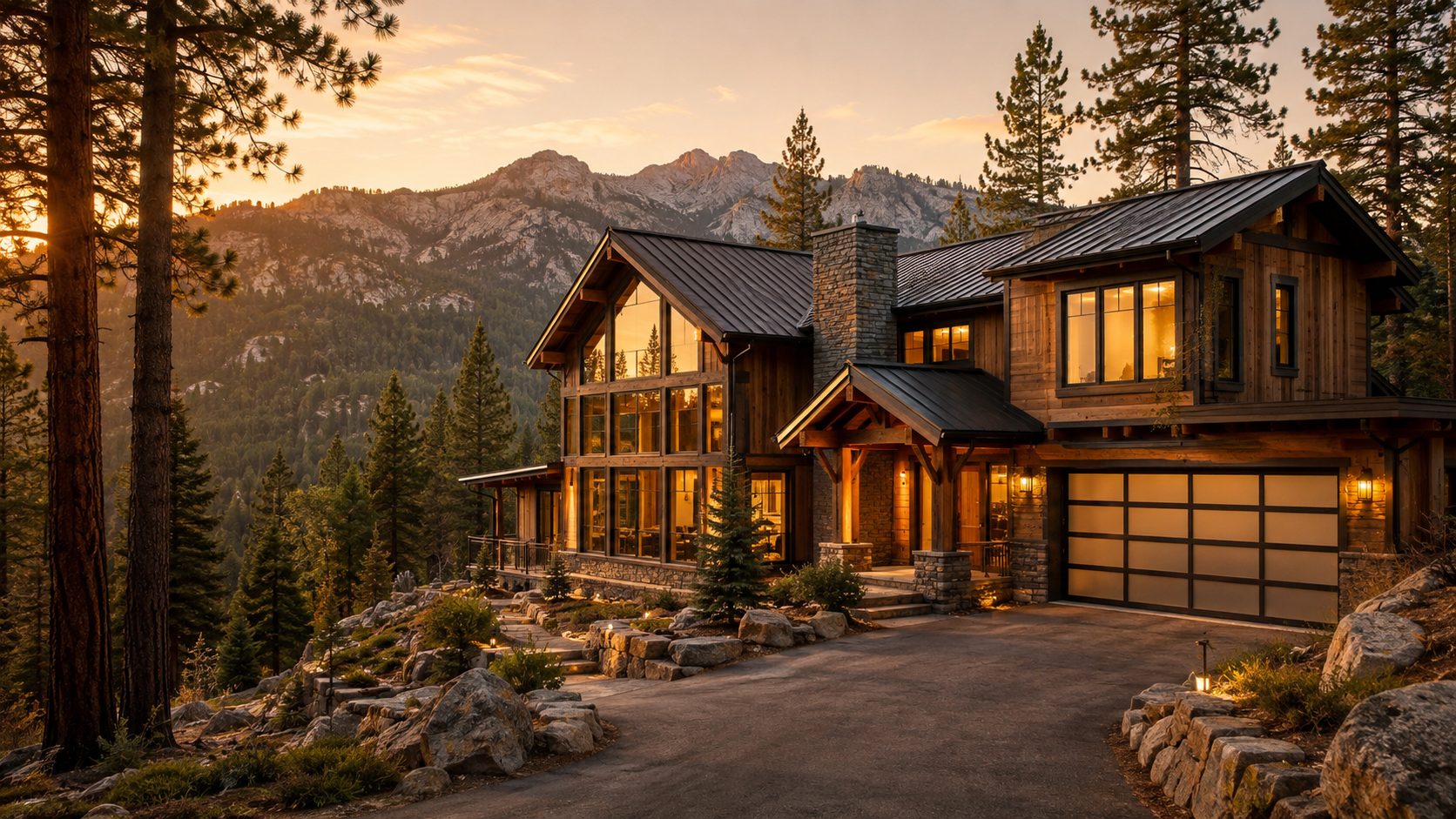 Modern mountain home glowing at golden hour among the pines
