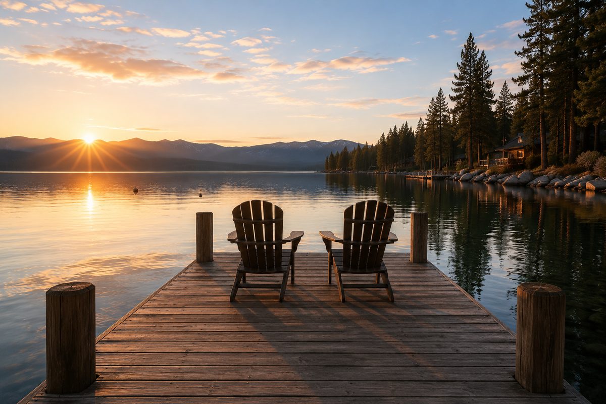 Wooden dock with two Adirondack chairs reaching into a calm alpine lake at sunrise