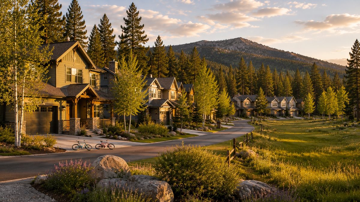 Comfortable family homes along a green meadow with aspens in Glenshire