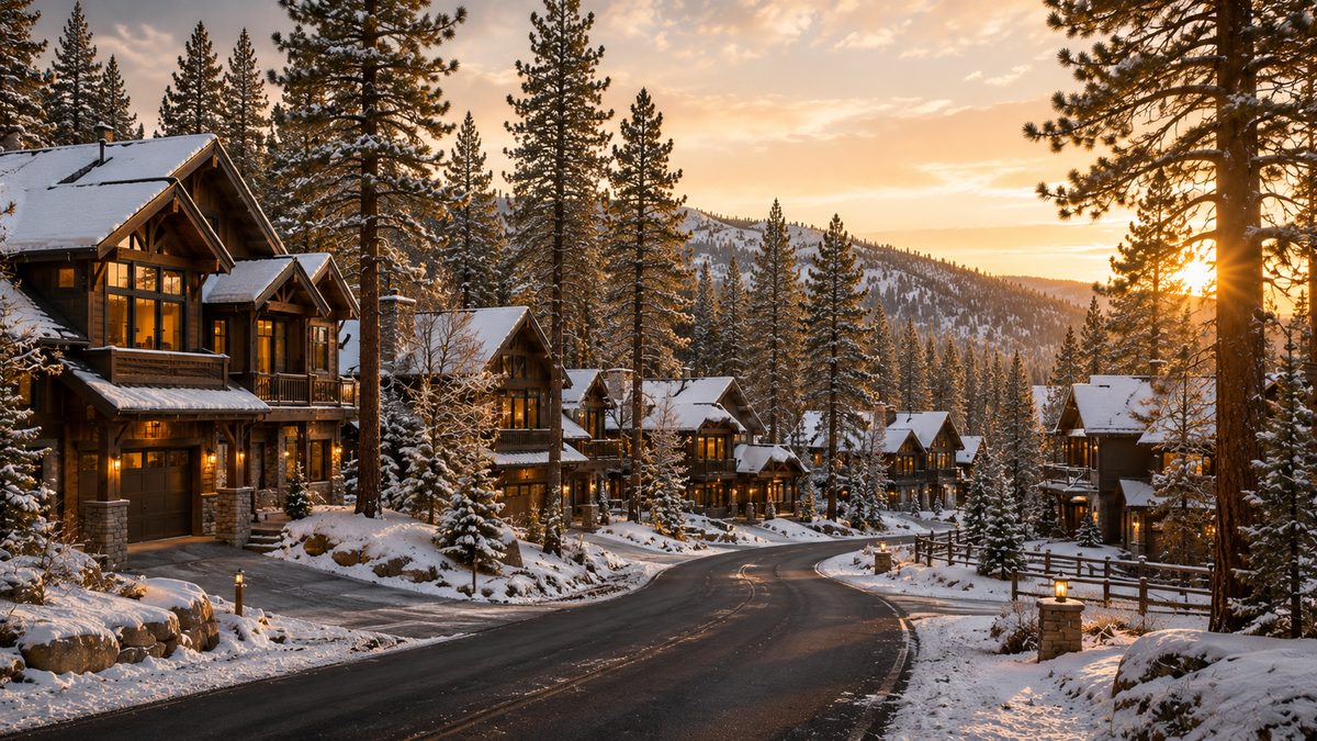 Snow-dusted mountain homes along a winding forested road in Tahoe Donner