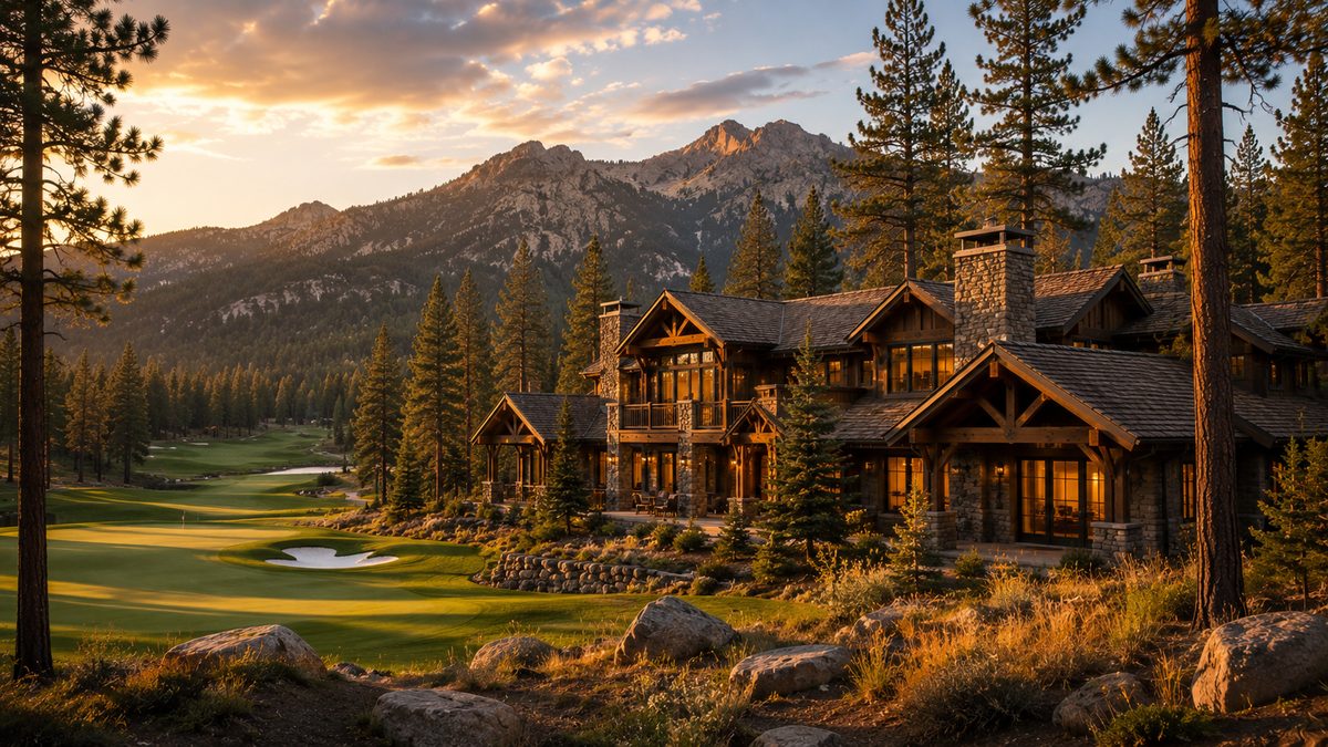 Grand timber and stone home beside a manicured golf fairway in Lahontan