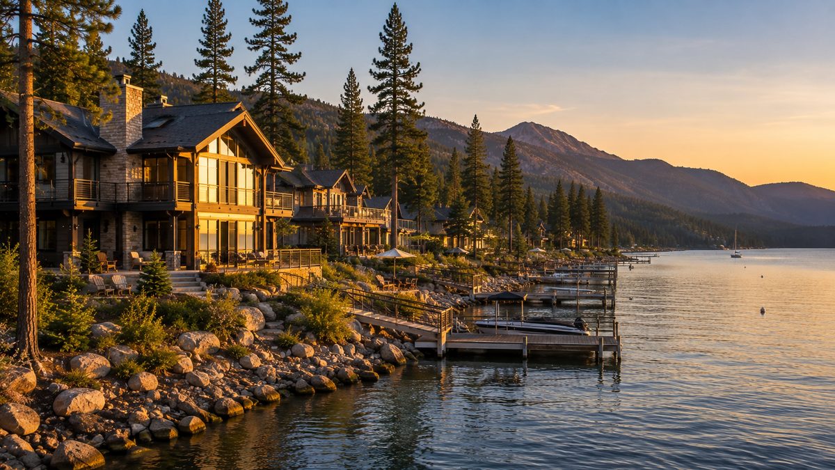 Lakefront cabins and wooden docks along the Donner Lake shoreline at dusk
