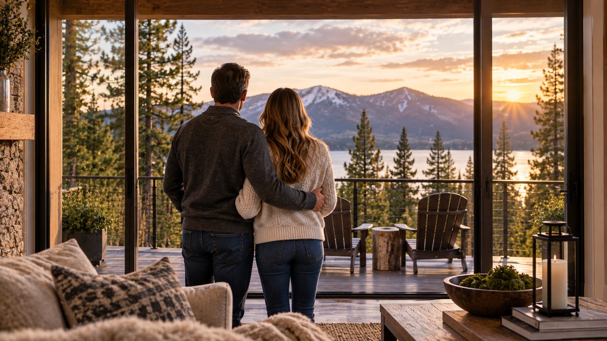 Couple with arms around each other admiring the mountain home they just bought