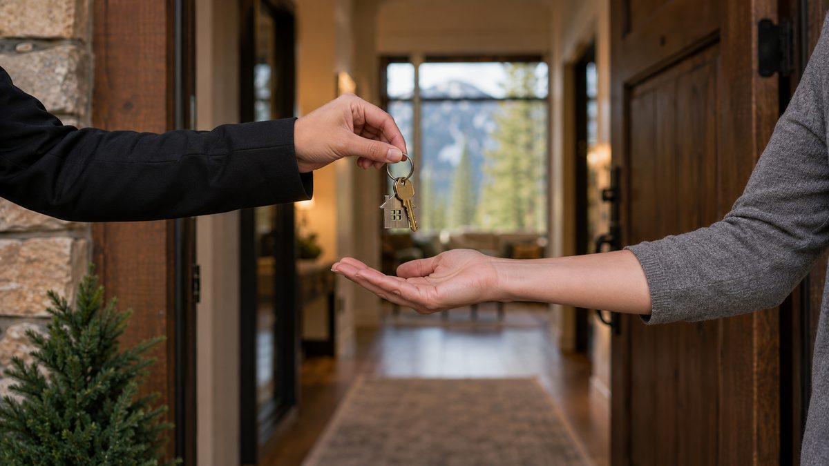 House keys with a wooden keychain passed from one hand to another at a home entrance