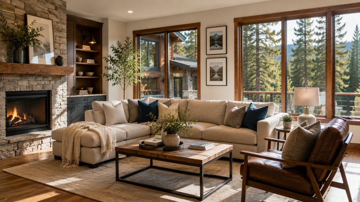 Flawlessly staged mountain-home living room ready for listing photos