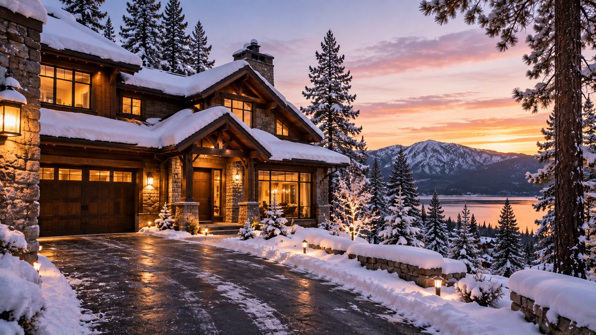 Handsome mountain home in fresh deep snow at dusk with warm glowing windows